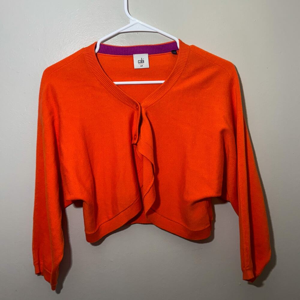 Cabi Orange Cropped Bolero Cardigan Sweater Purple Trim Knit Shrug Size M